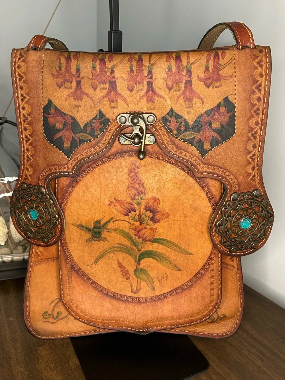 Juan Antonio Argentina Vintage Hummingbird Hand-Painted Tooled Leather Bag